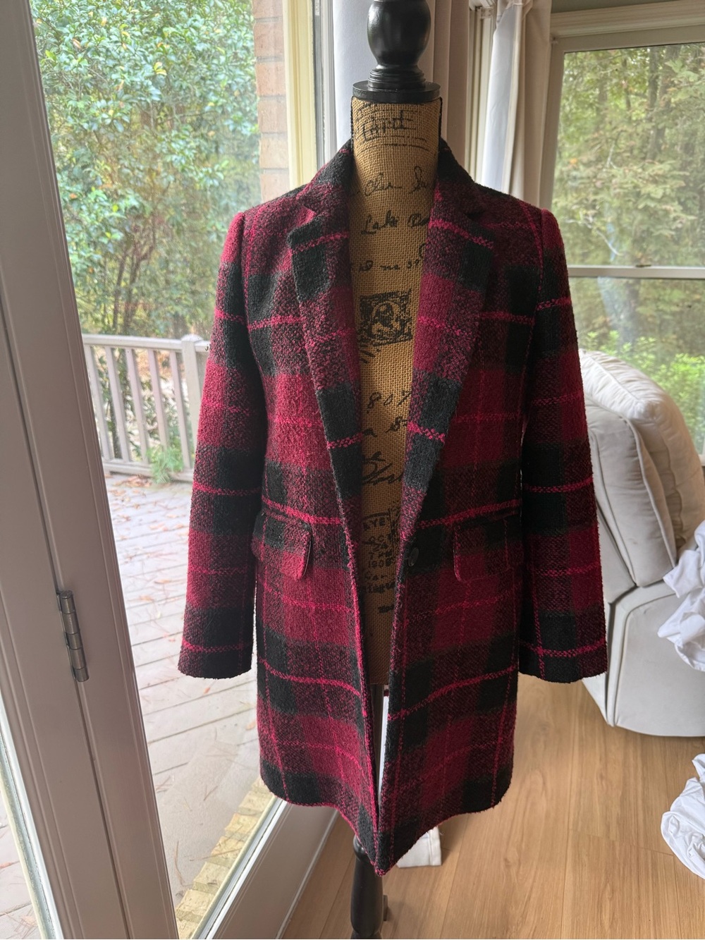 1. State Burgundy and Black Plaid Wool-Blend Pea Coat
